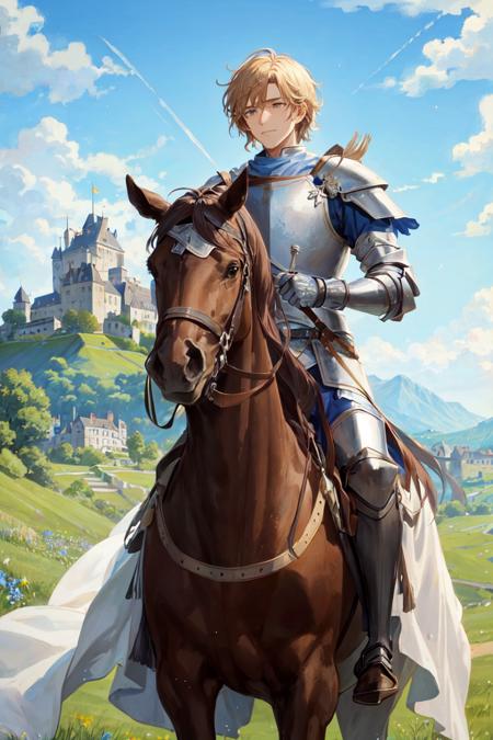 245379-951011138-A majestic knight riding on horseback through a peaceful, green countryside, with a castle in the background and a blue sky over.png